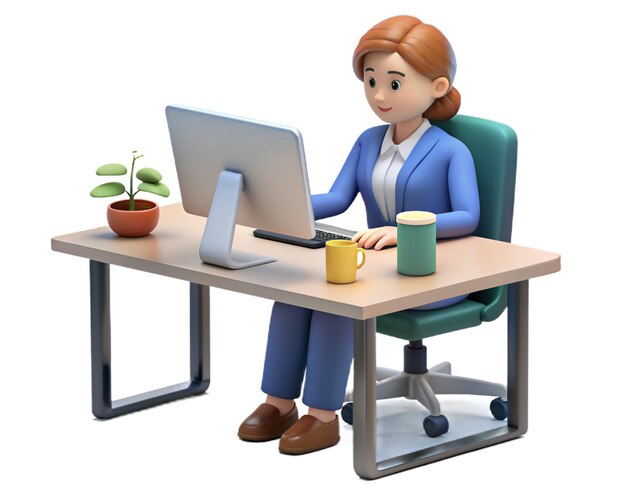 Photo 3d illustration of young business woman with computer working at the office