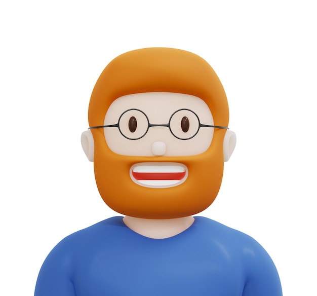 3d illustration sourire barbe homme dessin animé ou avatar porte des lunettes et une chemise bleue aux cheveux rouges