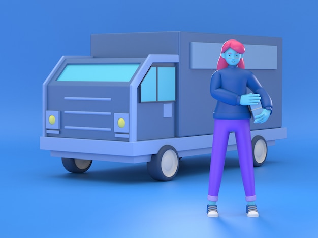 Photo 3d illustrent la femme de livraison avec des boîtes devant la camionnette comme service de livraison local et concept d'expédition.