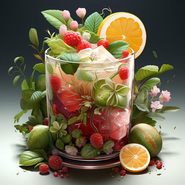 3d isométrique Certaines plantes autour de la tasse Jus de litchi Mojito Raspberrymintlime fleurs de verre de gelée