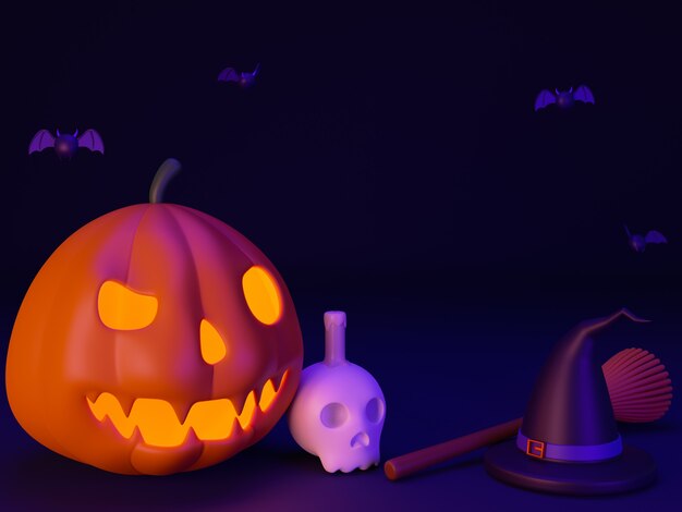 3D Jack o lantern et un crâne avec bougie et chapeau de sorcière avec un balai avec des chauves-souris sur fond sombre