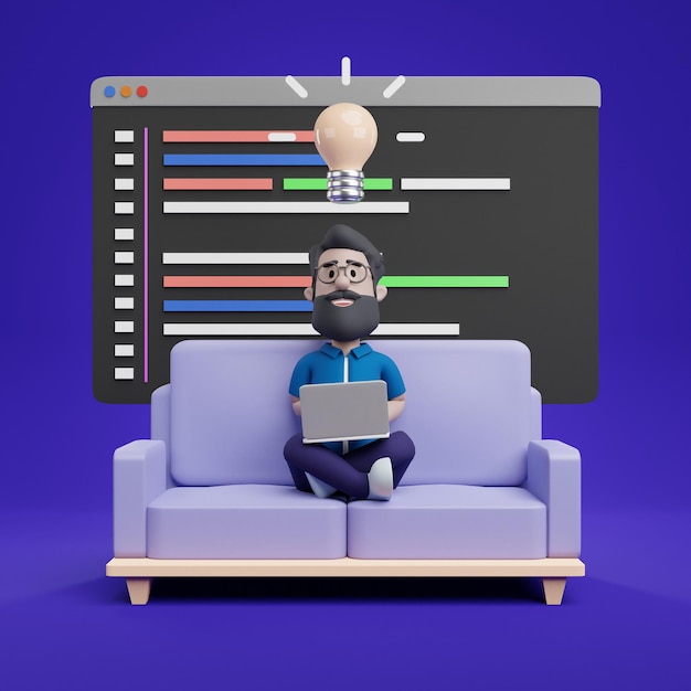 3D Man Programmer Asseyez-vous sur un canapé Travail à domicile Casual Happy Life balance Idea Freelance