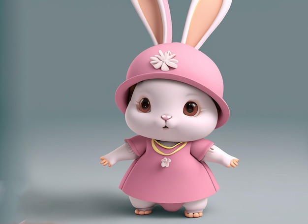 3d mignon bébé lapin rose tenant une casquette et portant une robe à la main donut fond solide
