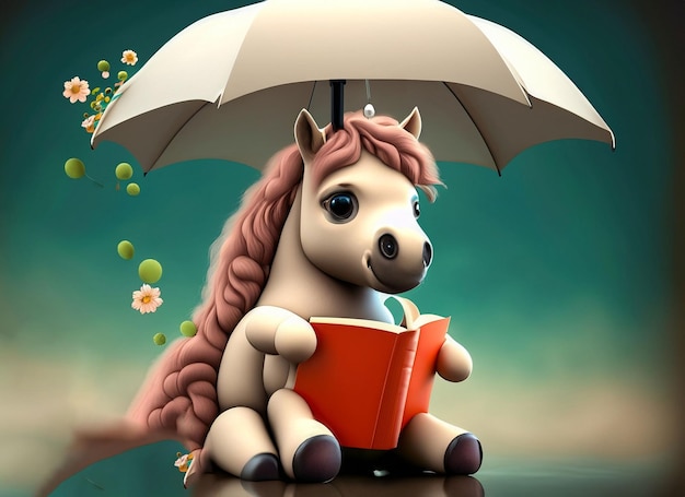 3d mignon cheval moelleux avec des fleurs livre sous le parapluie s'asseoir côté sur la rivière