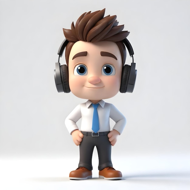 3D mignon jeune homme d'affaires personnage bien que les écouteurs sur fond blanc