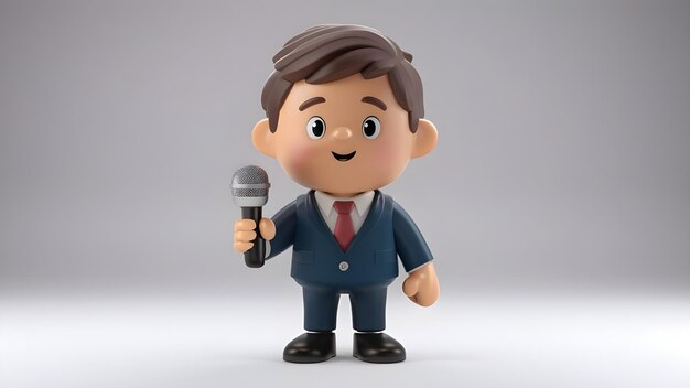 3D mignon jeune homme d'affaires personnage avec microphone