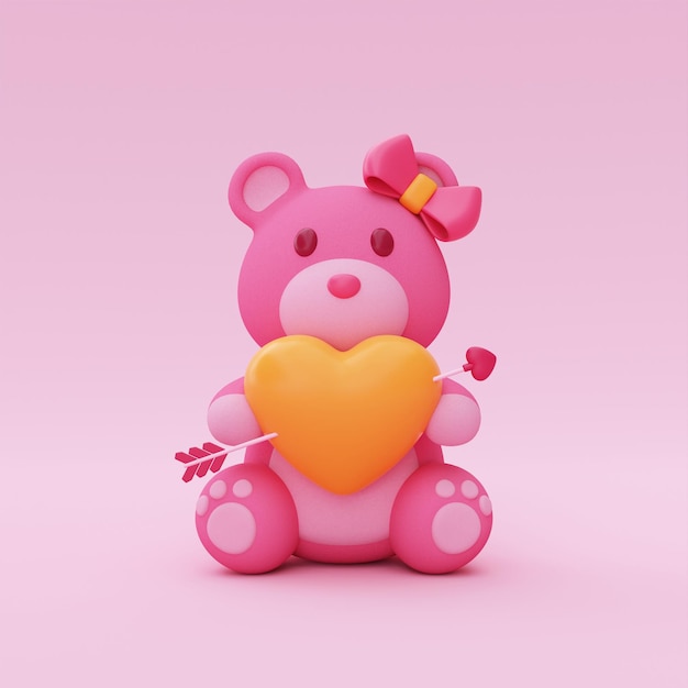 3d mignon ours en peluche avec des ballons en forme de coeur isolés sur fond rose décor d'élément pour la Saint-Valentin fête des mères ou anniversaire rendu 3d