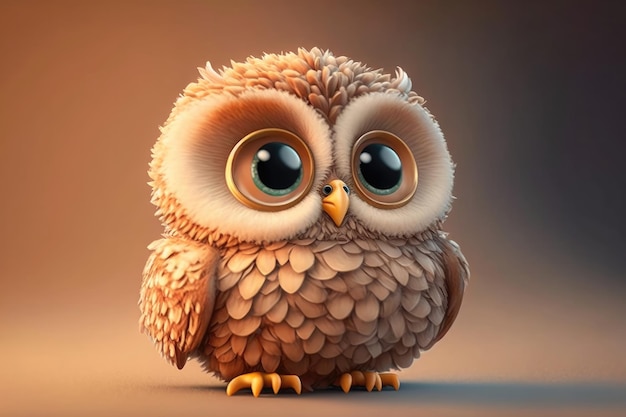 3D Mignon petit hibou kawaii personnage Hibou réaliste à plumes avec de grands yeux