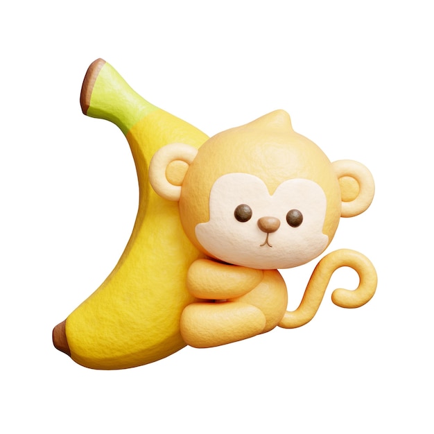 Photo 3d mignon singe avec banane personnage d'animal de dessin animé rendu 3d