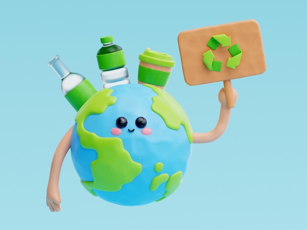 3D mignon terre dessin animé personnage monde Journée de l'environnement sauver la planète et l'énergie rendu 3d respectueux de l'environnement