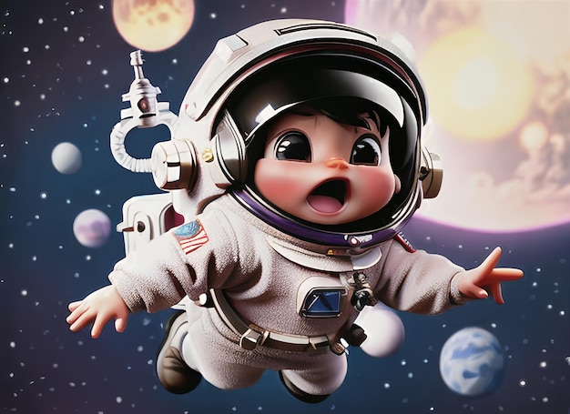 3D minuscule bébé astronaute mignon volant dans l'espace de fond