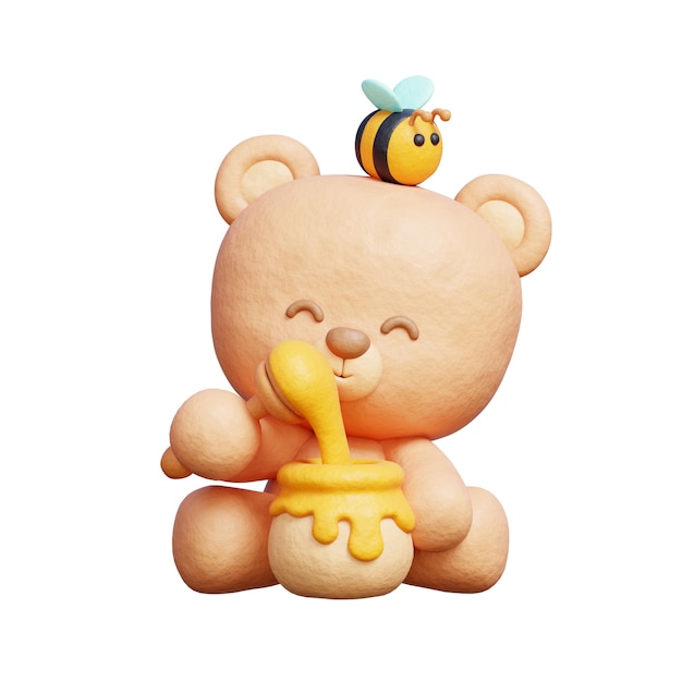3D ours mignon avec du miel Jar saison printemps 3D rendu
