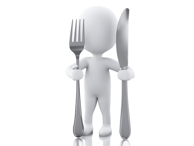 3D personnes blanches Chef avec fourchette et couteau.