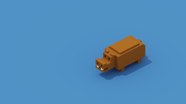 3D Pixel Animal avec fond d'écran bannière espace copie Pixel rhinocéros brun avec fond bleu rendu 3D