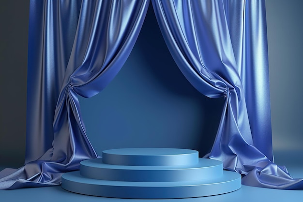 3d podium rond fond bleu avec rideau