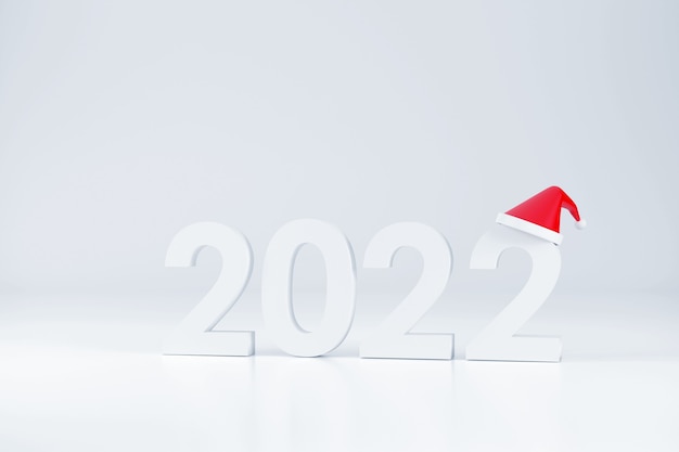 3D. Police 2022 et chapeau de père Noël à Noël et nouvel an sur fond blanc