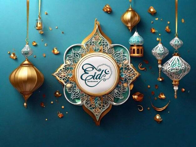 3D réaliste Eid Mubarak Royal Lampe élégante avec porte sainte de la mosquée avec feux d'artifice