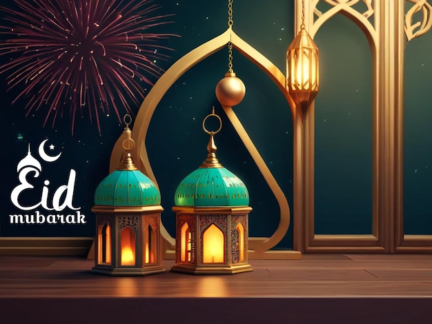 3D réaliste Eid Mubarak Royal Lampe élégante avec porte sainte de la mosquée avec feux d'artifice