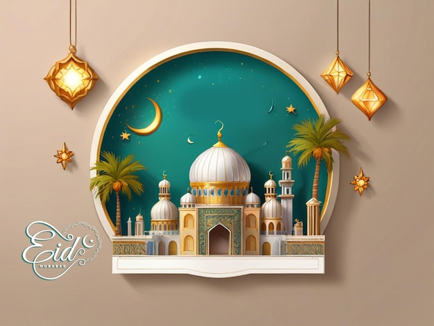 3D réaliste Eid Mubarak Royal Lampe élégante avec porte sainte de la mosquée avec feux d'artifice
