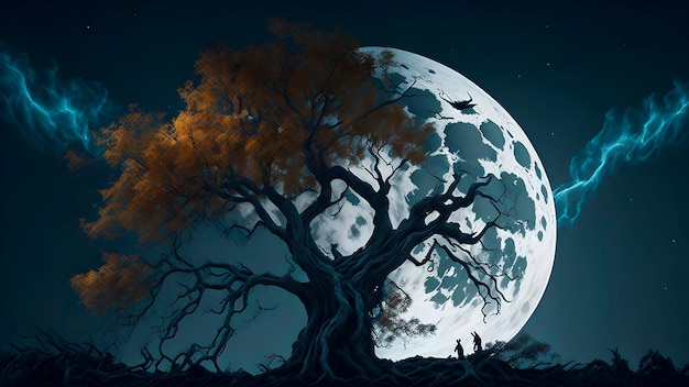 3D rendent d&#39;un arbre fantasmagorique contre une image de la lune