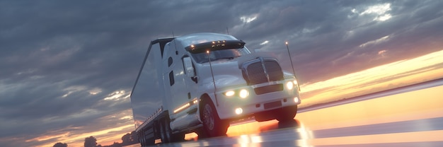 3d rendent semi-camion conduisant à la bannière de fond au coucher du soleil