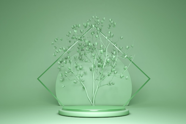 3d Render Abstract Fond Vert Avec Arbre De Printemps Conception Géométrique Minimale Boutique Vitrine Produit Affichage Podium Vide Piédestal Vide Stade Rond