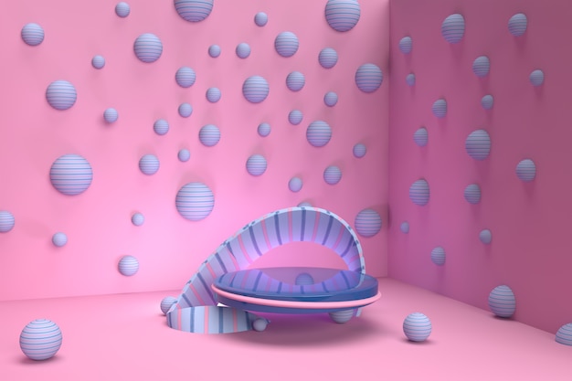 3D render bulles roses et bleues avec piédestal