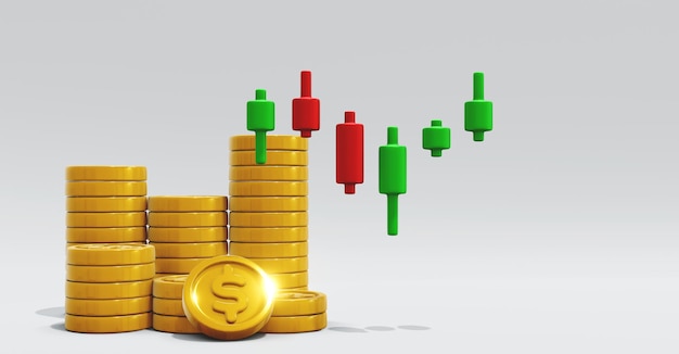 3D Render Dollar Coin et Trading Candle Up avec fond blanc