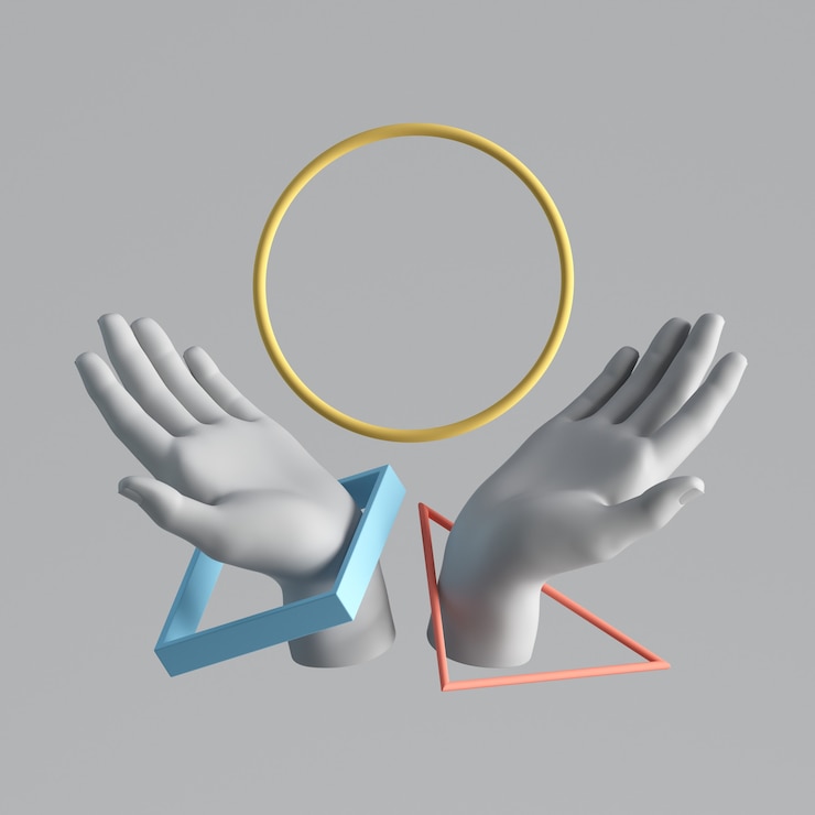 Photo 3d render mains artificielles blanches avec des formes géométriques colorées en lévitation.