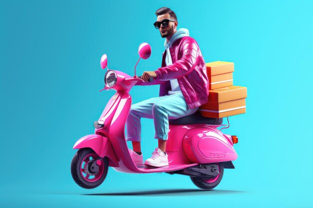 3D Render Man Riding Scooter Motocycle Concept de livraison en ligne créé par Generative Ai