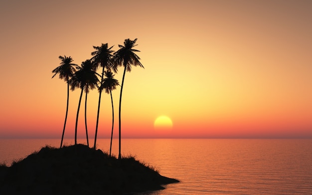 3D render of a plam tree island contre un ciel coucher de soleil