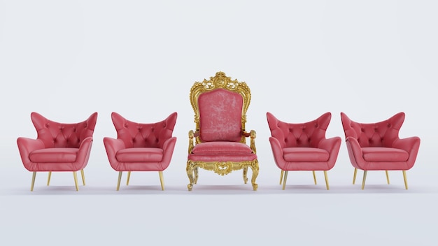 3D render of red king thrond entre fauteuil rouge isolé sur fond blanc