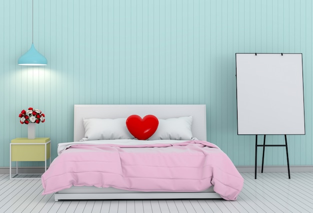 3D render valentine de la chambre à coucher intérieur et tableau à feuilles mobiles.