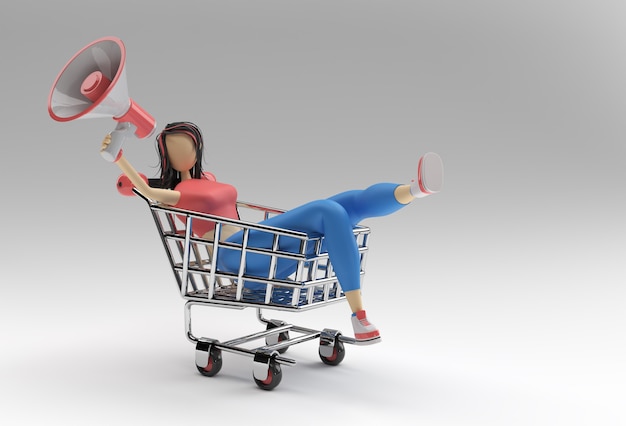 3D Render Woman with Mega Phone Shopping Cart Icon illustration Design.