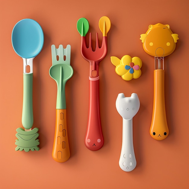 Photo 3d rendered photos of cartoon cutlery of different cartoon shapes on handle low poly