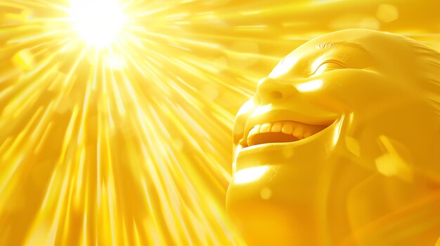 Photo 3d rendering of a happy golden face looking up at the bright sun with a shiny surface reflecting the light