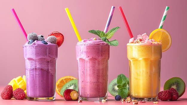 3d rendre différents smoothies dans 3 verres avec des pailles colorées sur fond rose