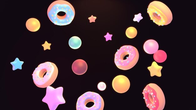 Photo 3d rendu des beignets colorés des boules et des étoiles dans l'air sur fond noir