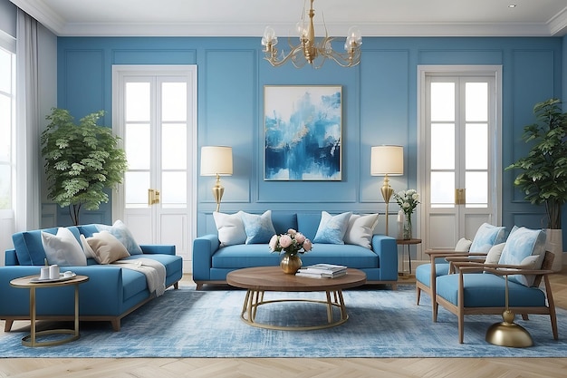 Photo 3d rendu bleu décoration salon avec de beaux meubles
