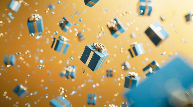 3D rendu célébrer des boîtes de cadeaux bleues volant dans les airs sur un fond jaune clair