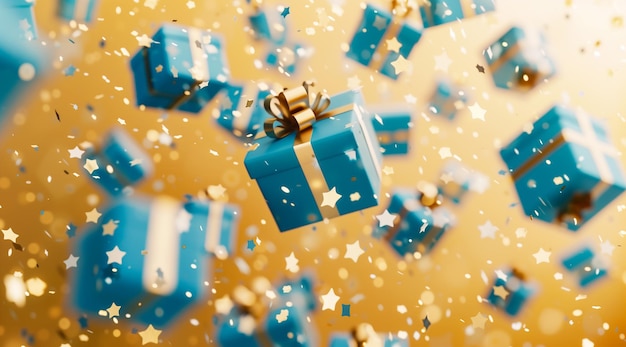 3D rendu célébrer des boîtes de cadeaux bleues volant dans les airs sur un fond jaune clair