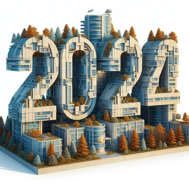 3d rendu de la date de la nouvelle année 2024 3d bâtiment illustration de salut pour Noël et