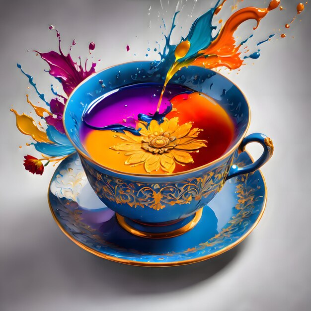 3d rendu de dessin coloré détaillé de tasse de thé dessinée avec ornement floral sur le fond
