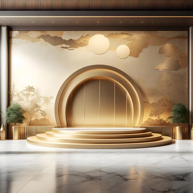 3D rendu du podium de luxe pour le sol en marbre et le concept de maquette d'arrière-plan du mur en or