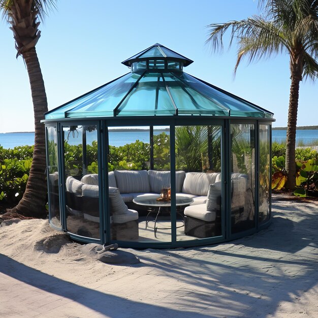Photo 3d rendu un gazebo en verre avec un cadre en aluminium par le paradis et la vue sur la mer