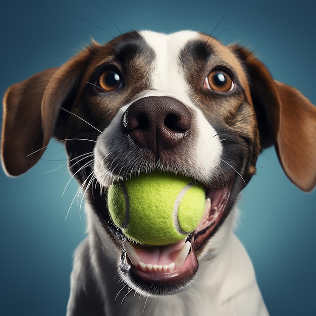 Photo 3d rendu en gros plan d'un chien tenant une balle de tennis dans la bouche image drôle avec un chien