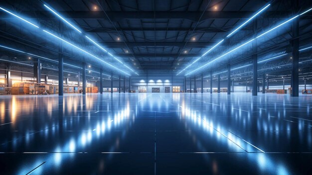 Photo 3d rendu intérieur blanc et propre vide usine entrepôt entrepôt hangar magasin ou garage vue nocturne avec effet de lumière autour