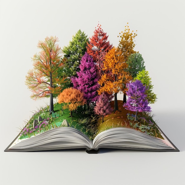 3D a rendu un livre ouvert avec un paysage forestier coloré émergeant des pages