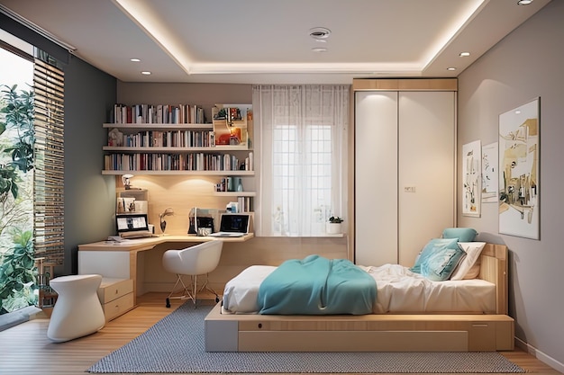 3d rendu d'une maison confortable avec une belle fenêtre 3d rendu de l'intérieur d'une belle chambre à coucher w