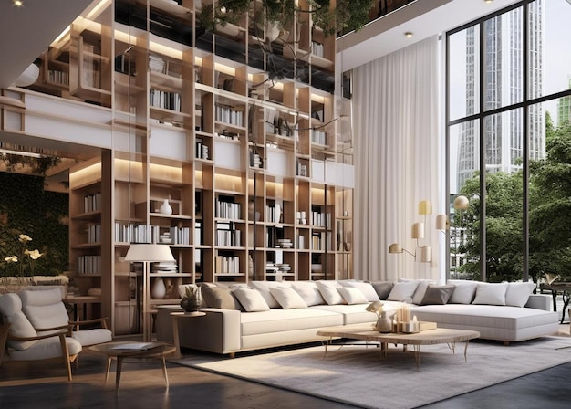 3d rendu moderne loft salon de luxe avec étagère près de l'étagère